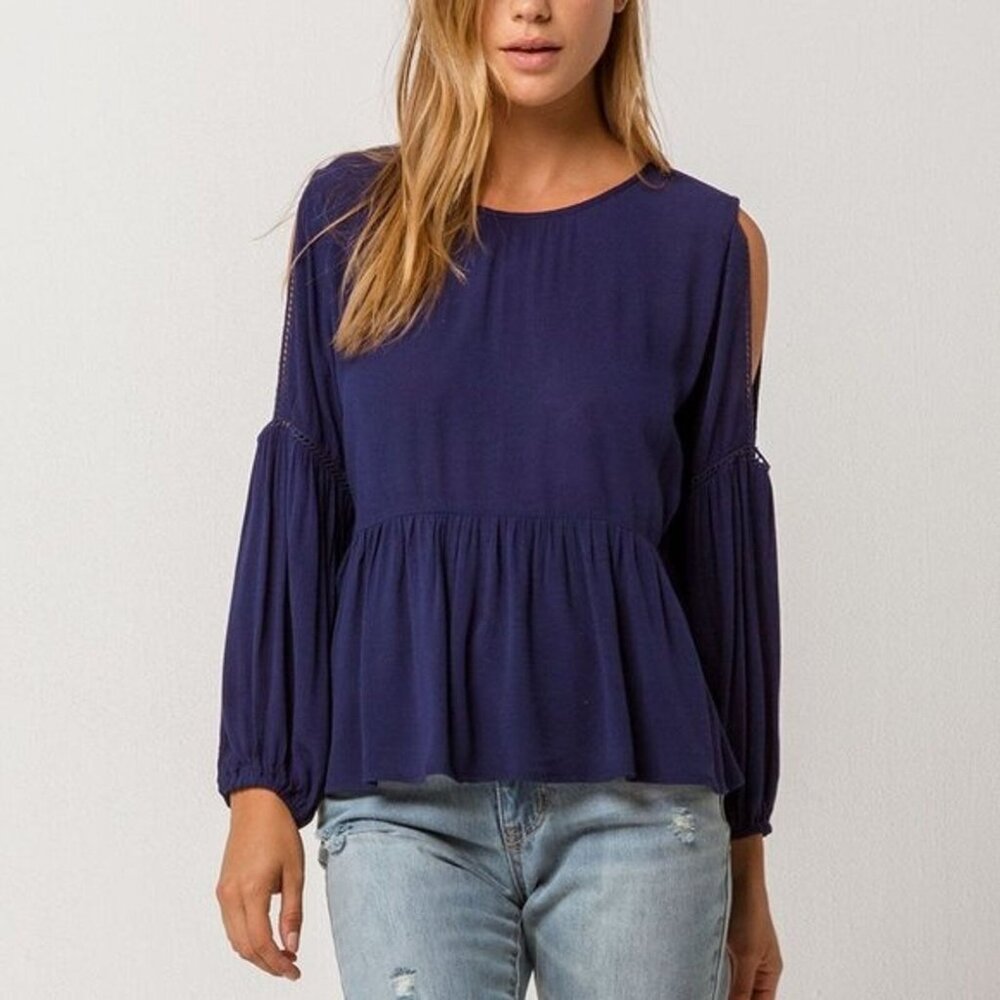 O’Neill Women’s Navy Blue Cold Shoulder Peplum Blouse – Size XS, NWOT